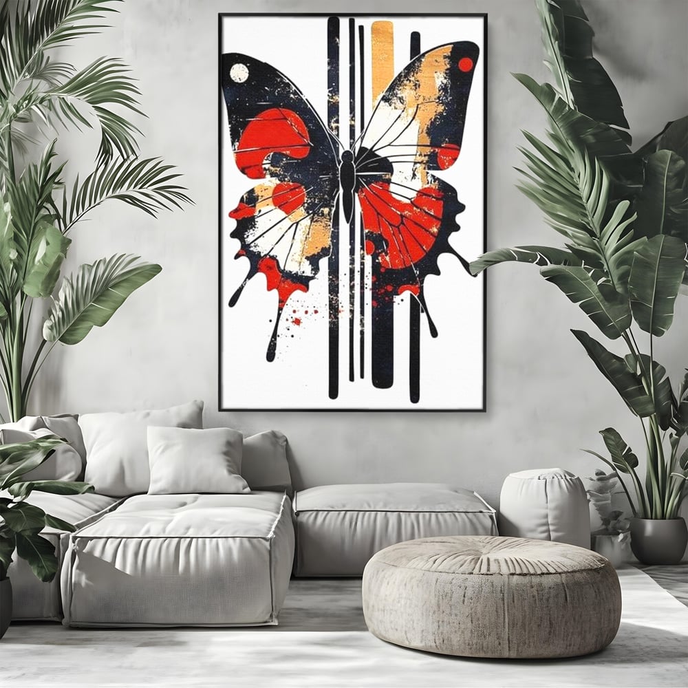 Tablou canvas cu tablou canvas cu fluture grafic, in rama de aluminiu negru, pe perete intr-un living